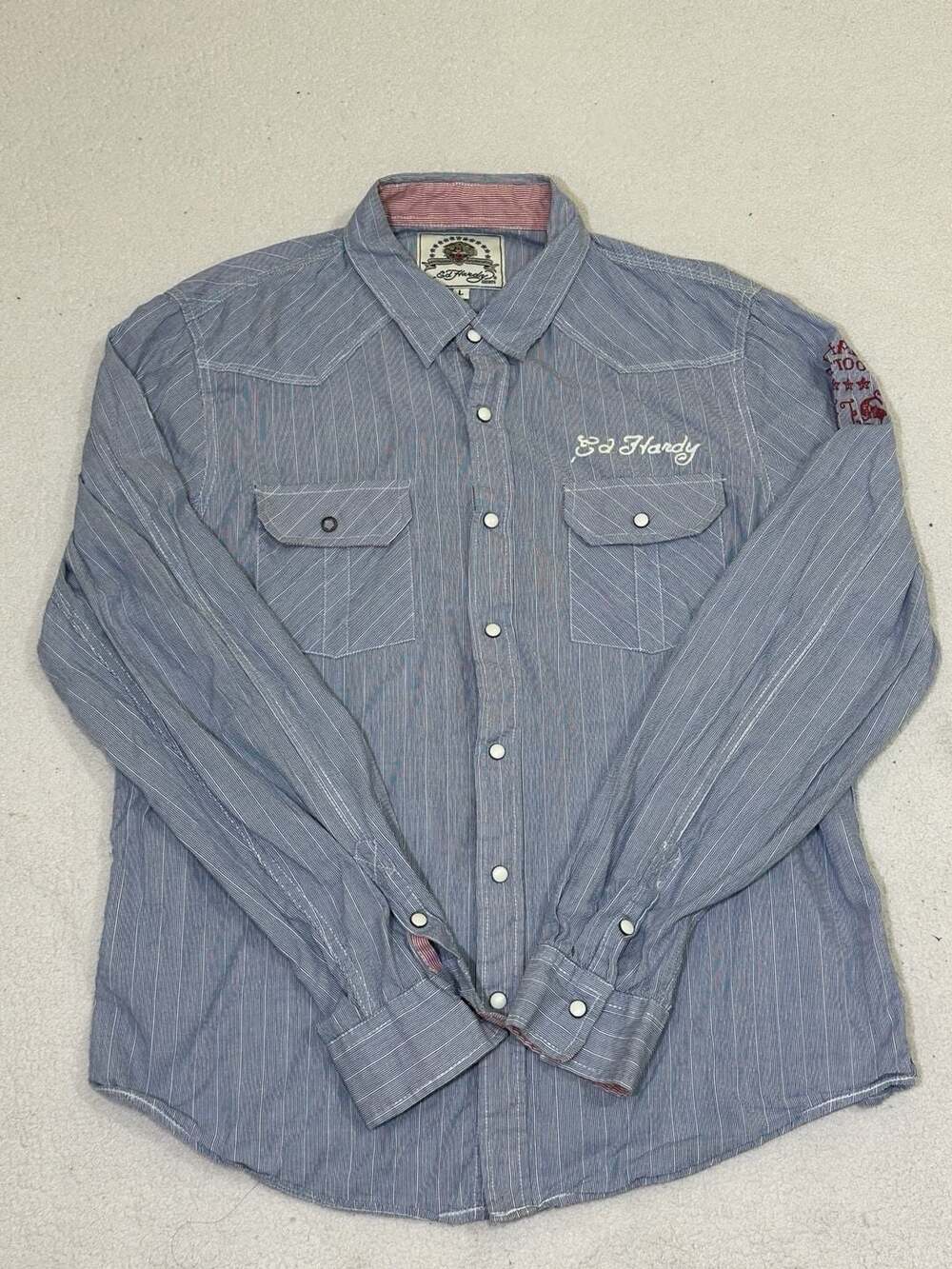 Ed Hardy Men's Homeward Ship Graphic Striped Western Pearl Snap Shirt